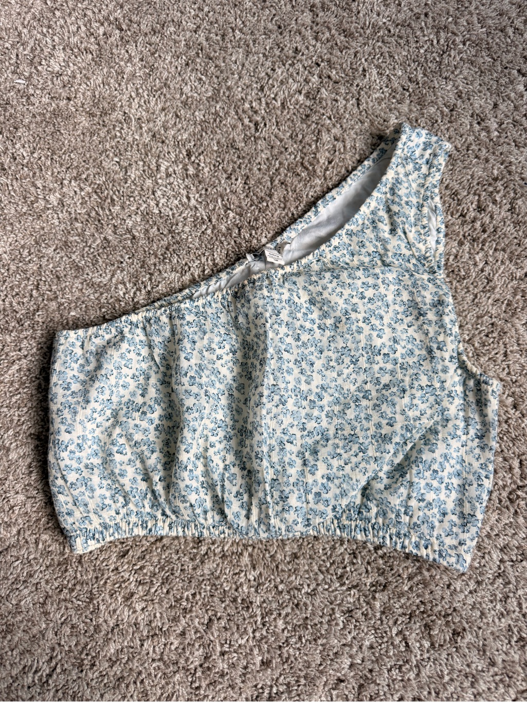 American Eagle Outfitters Cream And Light Blue One-Shoulder Floral Crop Top